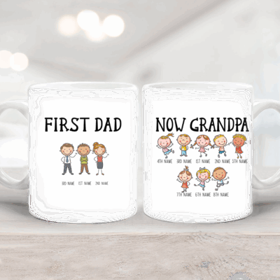 Personalized First Dad Now Grandpa Mug with custom children and grandkids cartoon characters and names, displayed on a rustic wooden table as a Father’s Day gift for Grandpa.