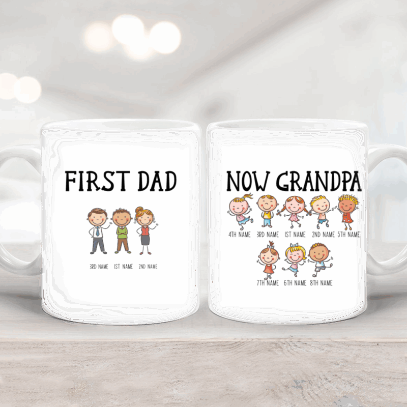 Personalized First Dad Now Grandpa Mug with custom children and grandkids cartoon characters and names, displayed on a rustic wooden table as a Father’s Day gift for Grandpa.