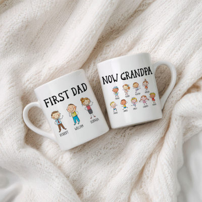 Personalized First Dad Now Grandpa Mug with custom children and grandkids cartoon characters and names, displayed on a rustic wooden table as a Father’s Day gift for Grandpa.