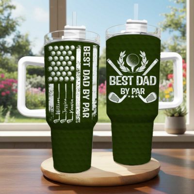 Benicee Shop 41 Personalized Golf Dad Tumbler with Handle - Father's Day Gift for Golf Lover - Best Dad By Par Custom Kids Names – Golf Lover Tumbler Cup