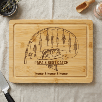 Custom Fishing Grandpa Cutting Board – Father's Day Gift For Grandfather - Engraved Bamboo Gift with Grandkids Names -Fisherman Gift
