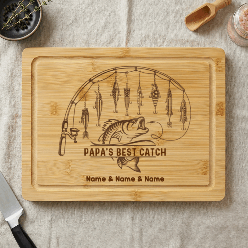 Custom Fishing Grandpa Cutting Board – Father's Day Gift For Grandfather - Engraved Bamboo Gift with Grandkids Names -Fisherman Gift
