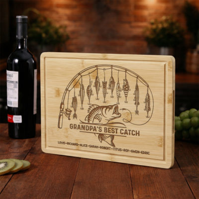 Custom Fishing Grandpa Cutting Board – Father's Day Gift For Grandfather - Engraved Bamboo Gift with Grandkids Names -Fisherman Gift