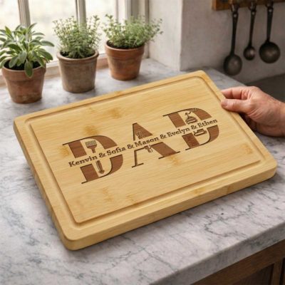 Personalized Dad Engraved Bamboo Cutting Board - Father's Day BBQ Grilling Present - Custom Kids Names Kitchen Gift for Dad