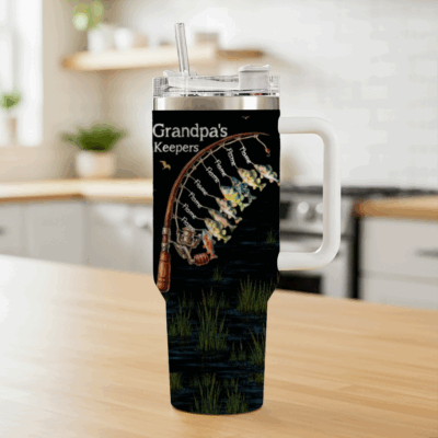 Personalized Grandpa Fishing Tumbler with Handle - Grandpa Father's Day Gifts From Grandkids - Grandpa's Keepers Tumbler With Grandkids Names