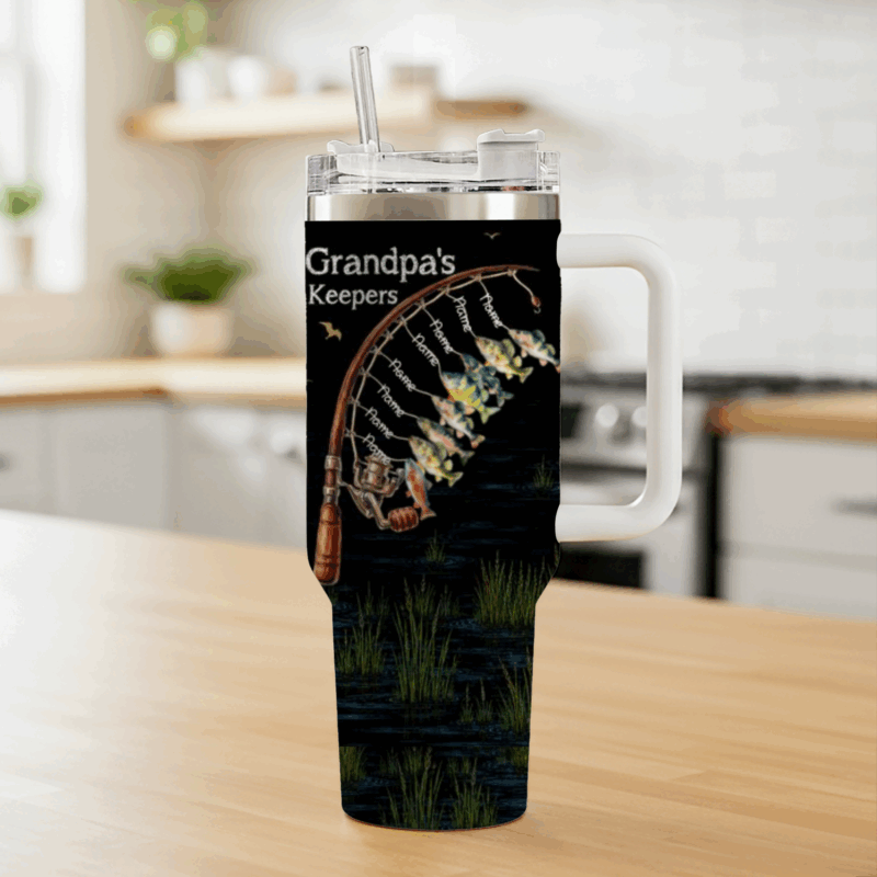 Personalized Grandpa Fishing Tumbler with Handle - Grandpa Father's Day Gifts From Grandkids - Grandpa's Keepers Tumbler With Grandkids Names