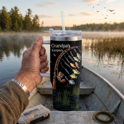 Personalized Grandpa Fishing Tumbler with Handle - Grandpa Father's Day Gifts From Grandkids - Grandpa's Keepers Tumbler With Grandkids Names