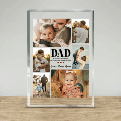 Personalized Dad Photo Collage Acrylic Plaque with custom family pictures, kids names, and heartfelt message, Father’s Day keepsake gift for dad from children.