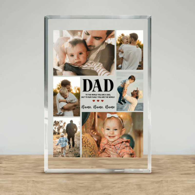 Personalized Dad Photo Collage Acrylic Plaque with custom family pictures, kids names, and heartfelt message, Father’s Day keepsake gift for dad from children.