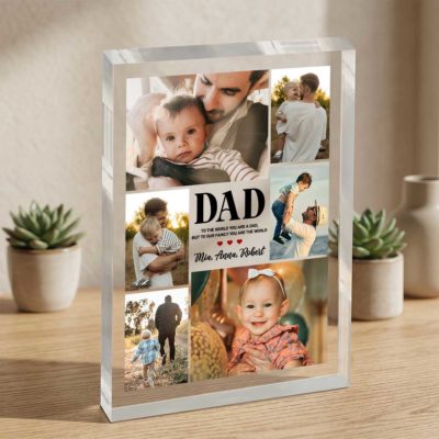 Personalized Dad Photo Collage Acrylic Plaque with custom family pictures, kids names, and heartfelt message, Father’s Day keepsake gift for dad from children.