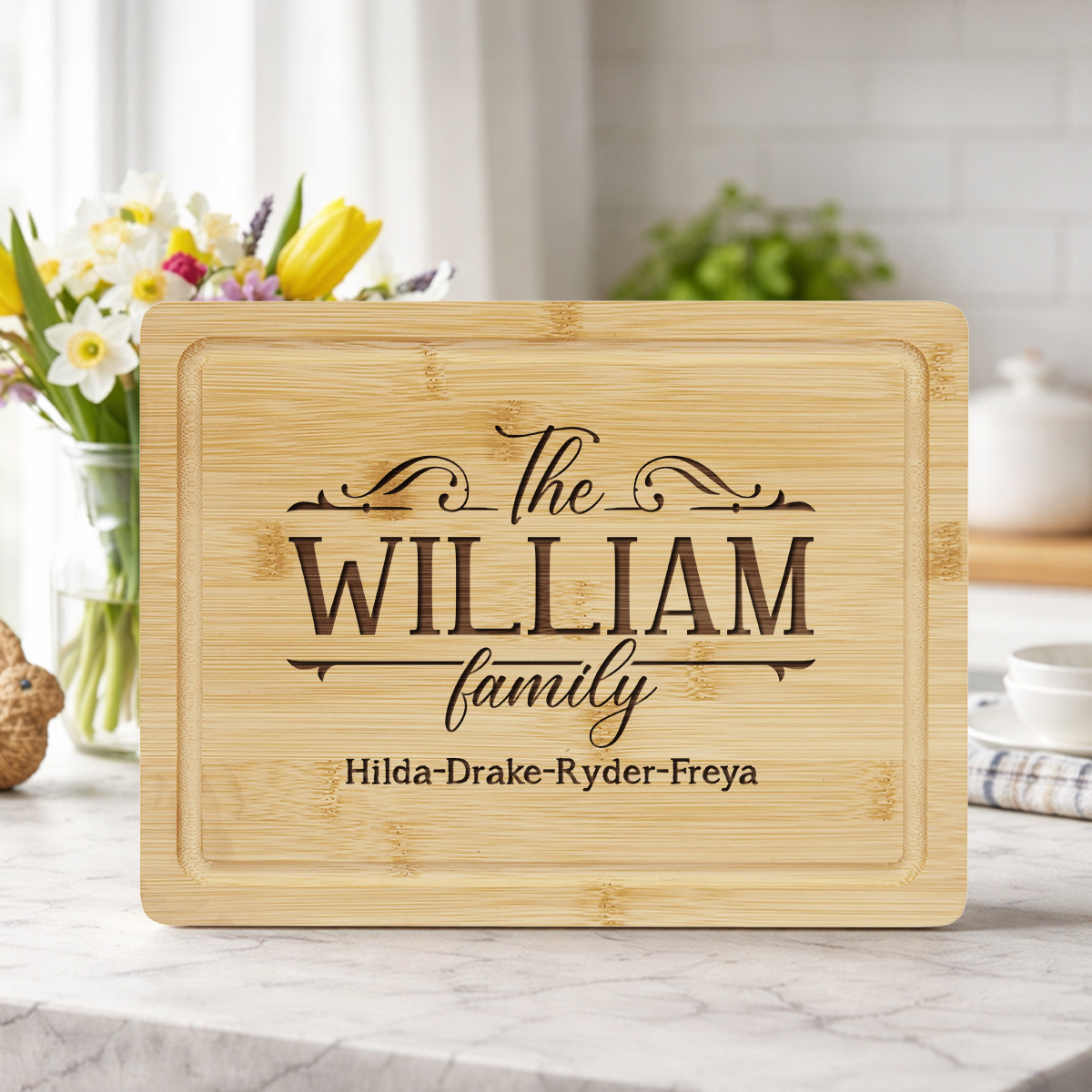 Personalized Family Name Cutting Board - Housewarming Gift engraved with custom surname and family members names, housewarming and anniversary gift for parents and families.
