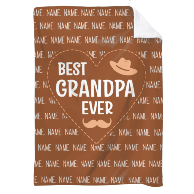 Personalized Best Grandpa Ever Blanket with grandkids names in a repeating pattern on a colorful background, featuring a heart design and cozy fleece backing. Perfect for grandpa on fathers day, birthday, christmas.