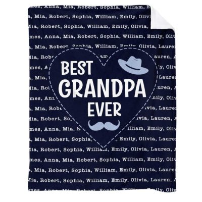 Benicee Shop 267 Personalized Best Grandpa Ever Blanket with grandkids names in a repeating pattern on a colorful background, featuring a heart design and cozy fleece backing. Perfect for grandpa on fathers day, birthday, christmas.
