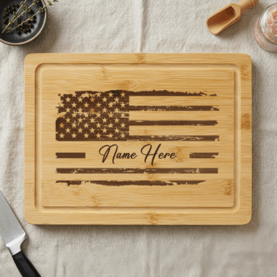Personalized American Flag Bamboo Cutting Board – Veteran Military Dad Father's Day Present - Custom Name Engraved Patriotic Gift