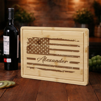 Benicee Shop 269 Personalized American Flag Bamboo Cutting Board – Veteran Military Dad Father's Day Present - Custom Name Engraved Patriotic Gift