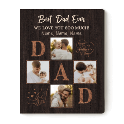 Custom Dad Photo Collage Canvas with Kids Names - Fathers Day Gift featuring family photos, personalized kids' names, and a Father’s Day message on a rustic wood-style background, displayed as a wall art keepsake for Dad.