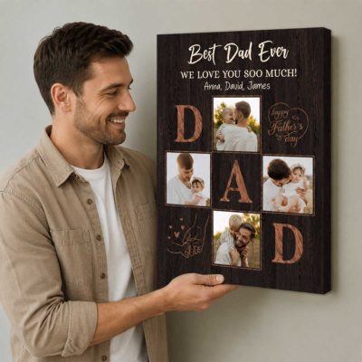 Custom Dad Photo Collage Canvas with Kids Names - Fathers Day Gift featuring family photos, personalized kids' names, and a Father’s Day message on a rustic wood-style background, displayed as a wall art keepsake for Dad.