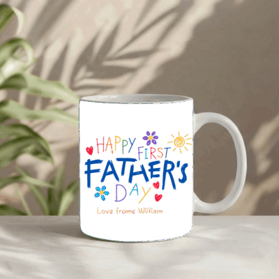 Happy First Fathers Day Mug with Babys Name - Gift for Dad featuring colorful childlike lettering and a custom baby name, designed as a keepsake gift for a first-time dad.