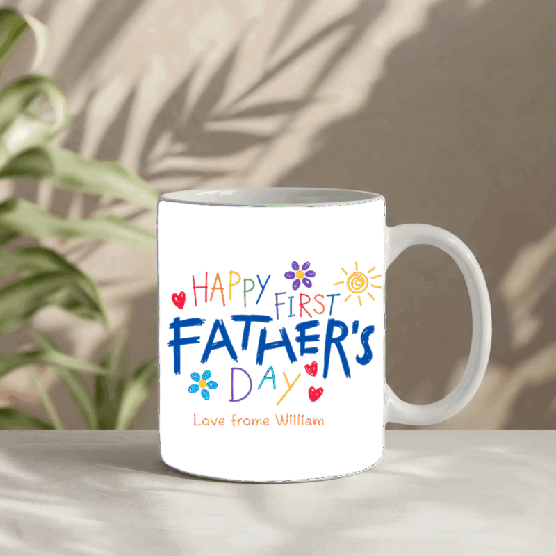 Happy First Fathers Day Mug with Babys Name - Gift for Dad featuring colorful childlike lettering and a custom baby name, designed as a keepsake gift for a first-time dad.