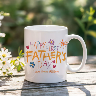 Happy First Fathers Day Mug with Babys Name - Gift for Dad featuring colorful childlike lettering and a custom baby name, designed as a keepsake gift for a first-time dad.