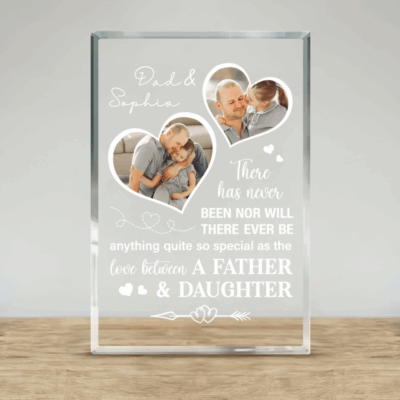 Love Between Father And Daughter Photo Plaque featuring custom photos, names, and a heartfelt father-daughter quote, designed as a meaningful Father’s Day keepsake gift for Dad.