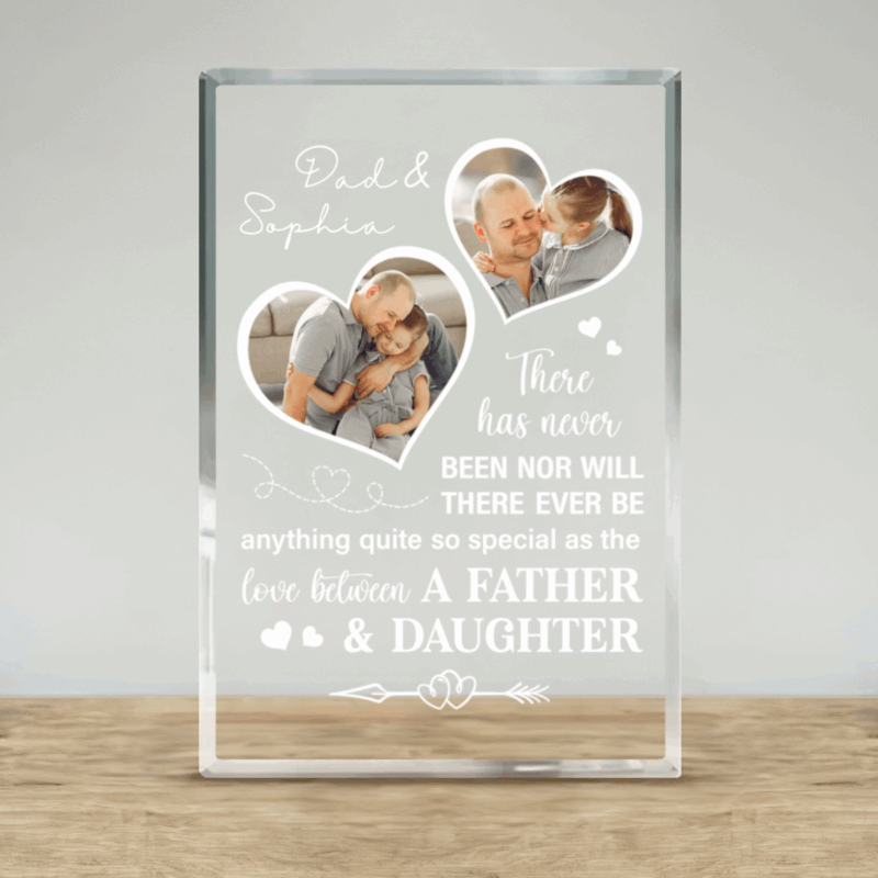 Love Between Father And Daughter Photo Plaque featuring custom photos, names, and a heartfelt father-daughter quote, designed as a meaningful Father’s Day keepsake gift for Dad.