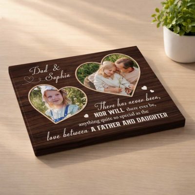 Love Between Father And Daughter Photo Canvas featuring custom photos, names, heart-shaped picture frames, and a heartfelt father-daughter quote on a rustic wood-style background, designed as a meaningful Father’s Day gift for Dad.