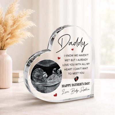 Custom Ultrasound Photo Acrylic Plaque featuring a custom ultrasound photo, baby's name, and loving message for an expecting father, displayed as a Father's Day keepsake gift for a first-time dad.