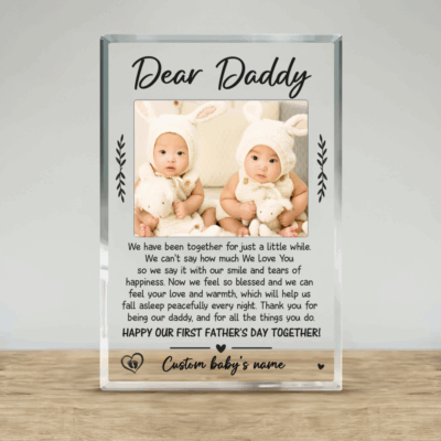 Personalized Twin Dad First Father's Day Gift – Custom Baby Photo Dear Daddy Acrylic Plaque - Happy First Father's Day Together Keepsake