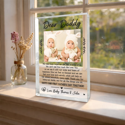 Personalized Twin Dad First Father's Day Gift – Custom Baby Photo Dear Daddy Acrylic Plaque - Happy First Father's Day Together Keepsake