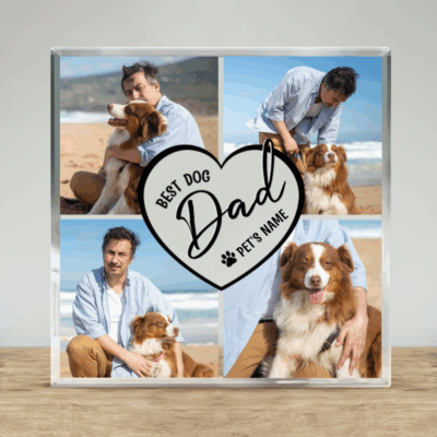 Best Dog Dad Photo Collage Square Plaque featuring a four-photo collage of a dog dad and his pet, customized with the dog's name and "Best Dog Dad" design, displayed as a thoughtful Father's Day gift from a dog.