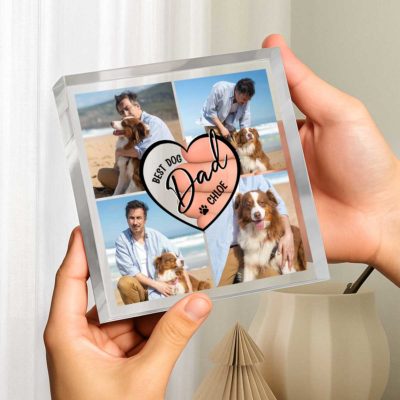 Benicee Shop 279 Best Dog Dad Photo Collage Square Plaque featuring a four-photo collage of a dog dad and his pet, customized with the dog's name and "Best Dog Dad" design, displayed as a thoughtful Father's Day gift from a dog.