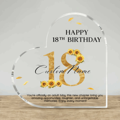 Personalized Happy 18th Birthday Acrylic Plaque featuring a custom name, sunflower design, and "Happy 18th Birthday" message, displayed as a meaningful 18th birthday keepsake gift for a daughter or young woman.