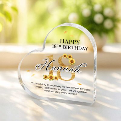 Personalized Happy 18th Birthday Acrylic Plaque featuring a custom name, sunflower design, and "Happy 18th Birthday" message, displayed as a meaningful 18th birthday keepsake gift for a daughter or young woman.