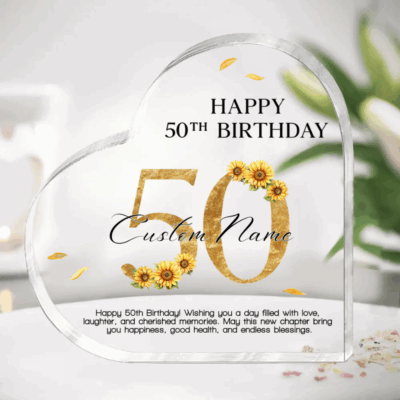 Personalized Happy 50th Birthday Heart Plaque featuring a custom name, elegant gold "50" design, sunflower accents, and heartfelt birthday message on a heart-shaped acrylic keepsake gift for mom, wife, sister, or friend.