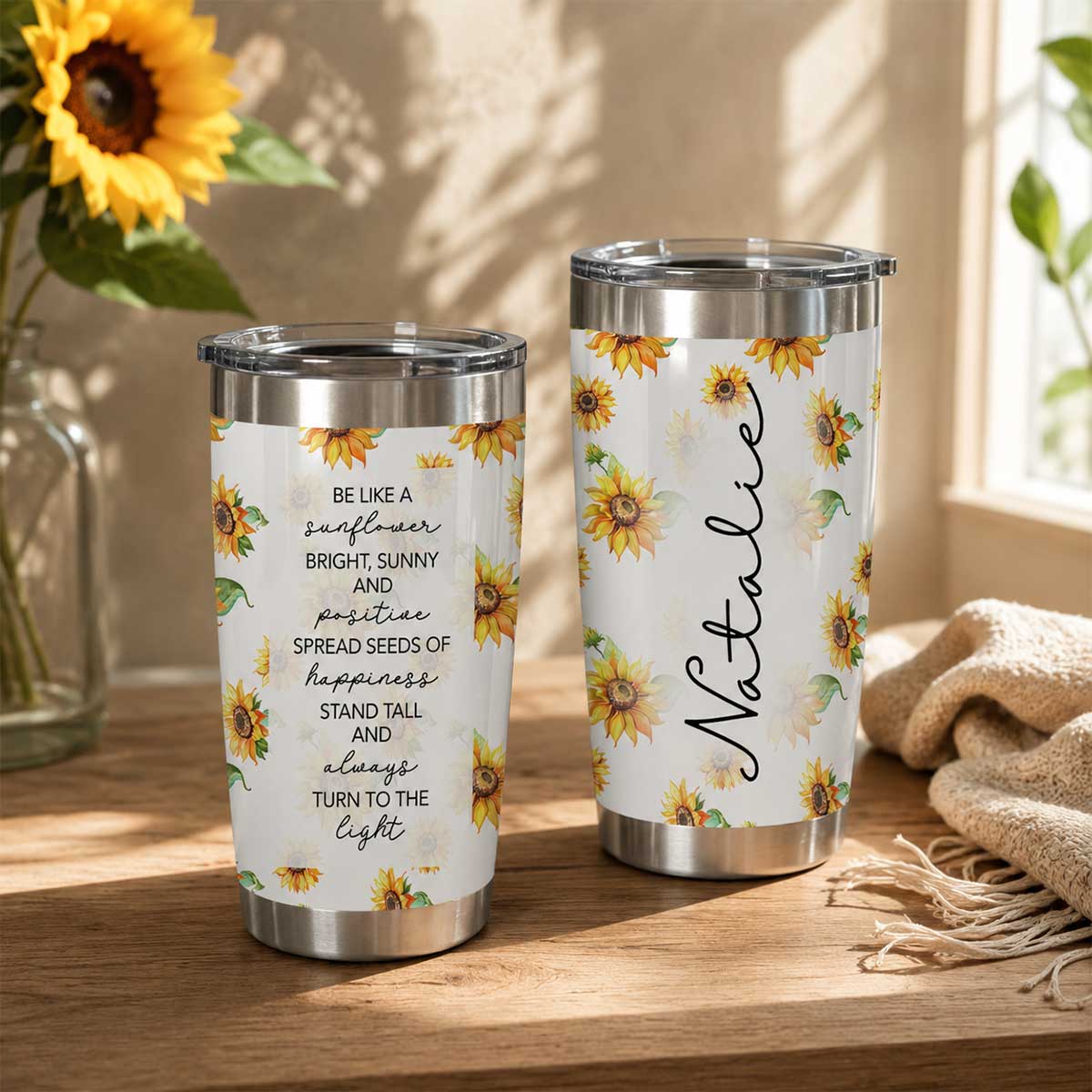 Personalized Sunflower Tumbler With Name with inspirational sunflower quote, featuring vibrant floral artwork on a stainless steel insulated travel mug, perfect as a birthday gift for women and sunflower lovers.