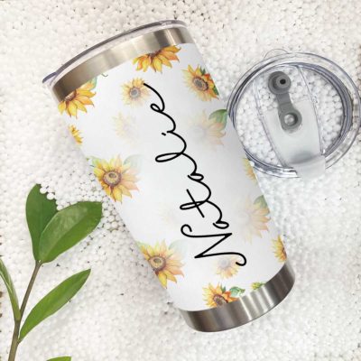 Personalized Sunflower Tumbler With Name with inspirational sunflower quote, featuring vibrant floral artwork on a stainless steel insulated travel mug, perfect as a birthday gift for women and sunflower lovers.