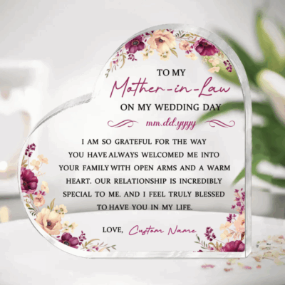 To Mother-in-Law On My Wedding Heart Plaque featuring a personalized wedding date, bride’s name, heartfelt appreciation message, and elegant floral design, created as a wedding day keepsake gift from the bride.