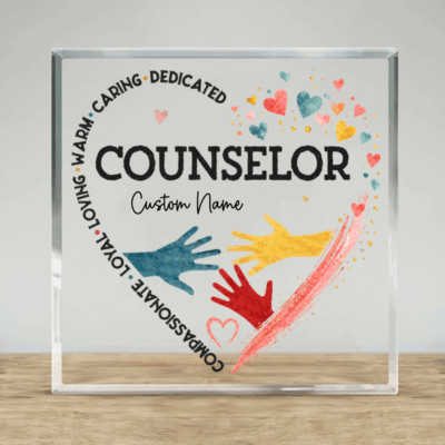 Custom Name Counselor Acrylic Plaque with custom name, featuring colorful helping hands, hearts, and inspirational counselor qualities, displayed as an appreciation gift for counselors and mental health professionals.