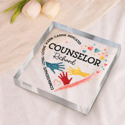 Custom Name Counselor Acrylic Plaque with custom name, featuring colorful helping hands, hearts, and inspirational counselor qualities, displayed as an appreciation gift for counselors and mental health professionals.