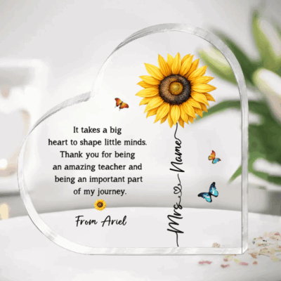 Personalized Thank You Sunflower Acrylic Plaque with custom teacher name, sunflower design, butterflies, and heartfelt thank-you message from a student, displayed as a meaningful teacher gift and classroom keepsake.