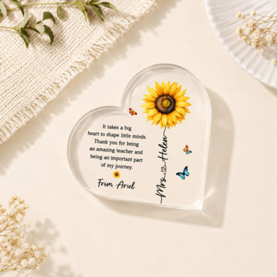 Personalized Thank You Sunflower Acrylic Plaque with custom teacher name, sunflower design, butterflies, and heartfelt thank-you message from a student, displayed as a meaningful teacher gift and classroom keepsake.