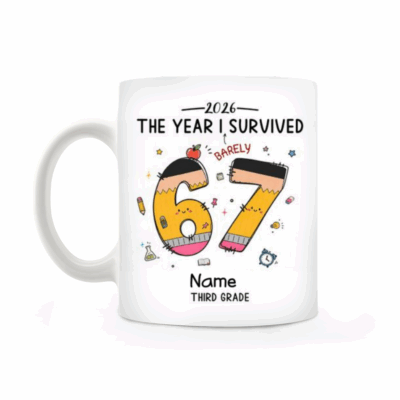 Personalized Funny Teacher Mug, Teacher Coffee Cup, Back to School Gift for Teacher, The Year I Barely Survived 67 Mug