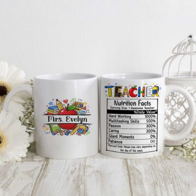 Personalized Teacher Nutrition Facts Mug, Funny Teacher Cup, Back to School Appreciation Gift