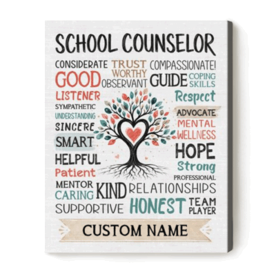 Personalized School Counselor Word Art Canvas - Thank You Gift for Teacher featuring a tree of life, inspirational counselor qualities, and a custom name, displayed as a meaningful thank-you gift and office wall décor for school counselors.