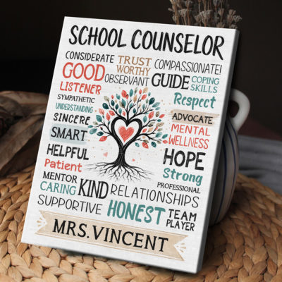 Personalized School Counselor Word Art Canvas - Thank You Gift for Teacher featuring a tree of life, inspirational counselor qualities, and a custom name, displayed as a meaningful thank-you gift and office wall décor for school counselors.