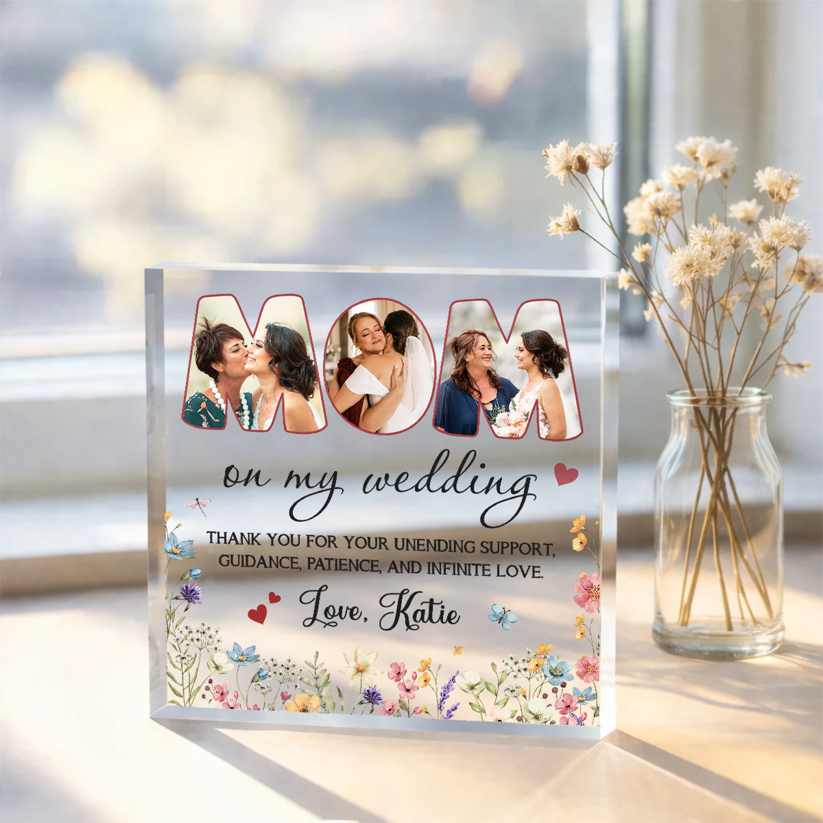 Personalized Mom On My Wedding Day Acrylic Plaque - Wedding Gift for Mom with custom photos, heartfelt wedding message, and bride's name, a sentimental wedding gift for mom and Mother of the Bride keepsake.