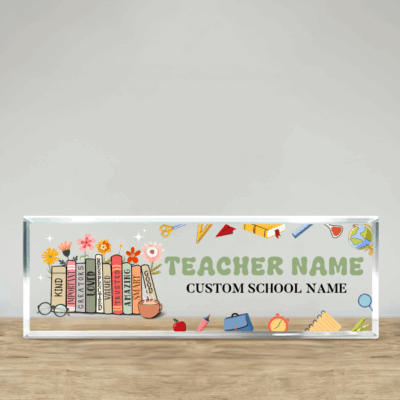 Personalized Teacher Desk Sign, Custom Acrylic Name Plate, Floral Book Classroom Decor, New Teacher Gift, Teacher Office Decor