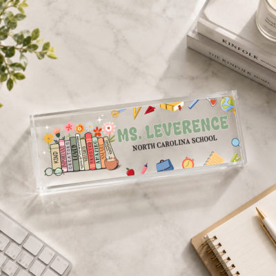 Personalized Teacher Desk Sign, Custom Acrylic Name Plate, Floral Book Classroom Decor, New Teacher Gift, Teacher Office Decor