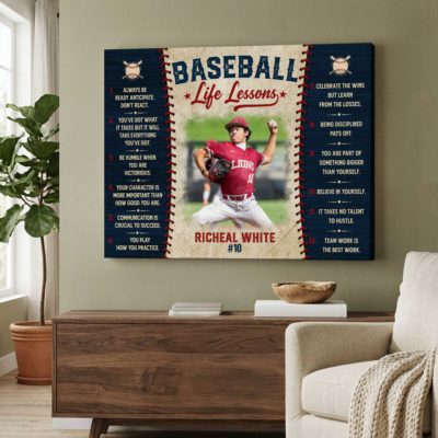 Baseball Life Lessons Canvas, Personalized Baseball Wall Art, Custom Player Name & Number, Baseball Gift for Boys & Men, Baseball Room Decor